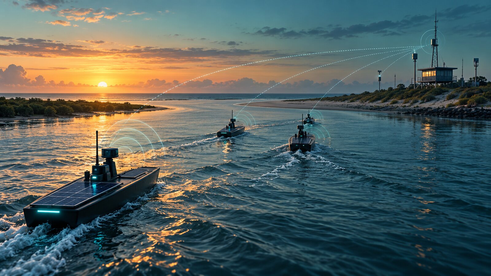 AI-generated illustration of fictional solar-powered uncrewed boats sending sensor arcs across a river and gulf; it is not a photograph of Lightfish vessels or border operations.