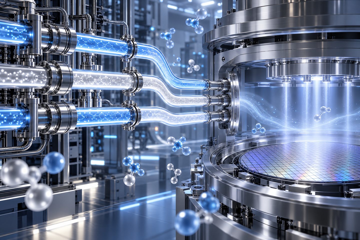 Original conceptual ultra-clean industrial gas lines feeding a semiconductor wafer chamber
