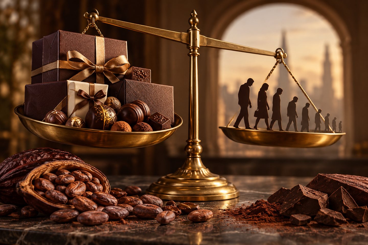 Original conceptual balance scale comparing premium chocolates with shrinking customer demand
