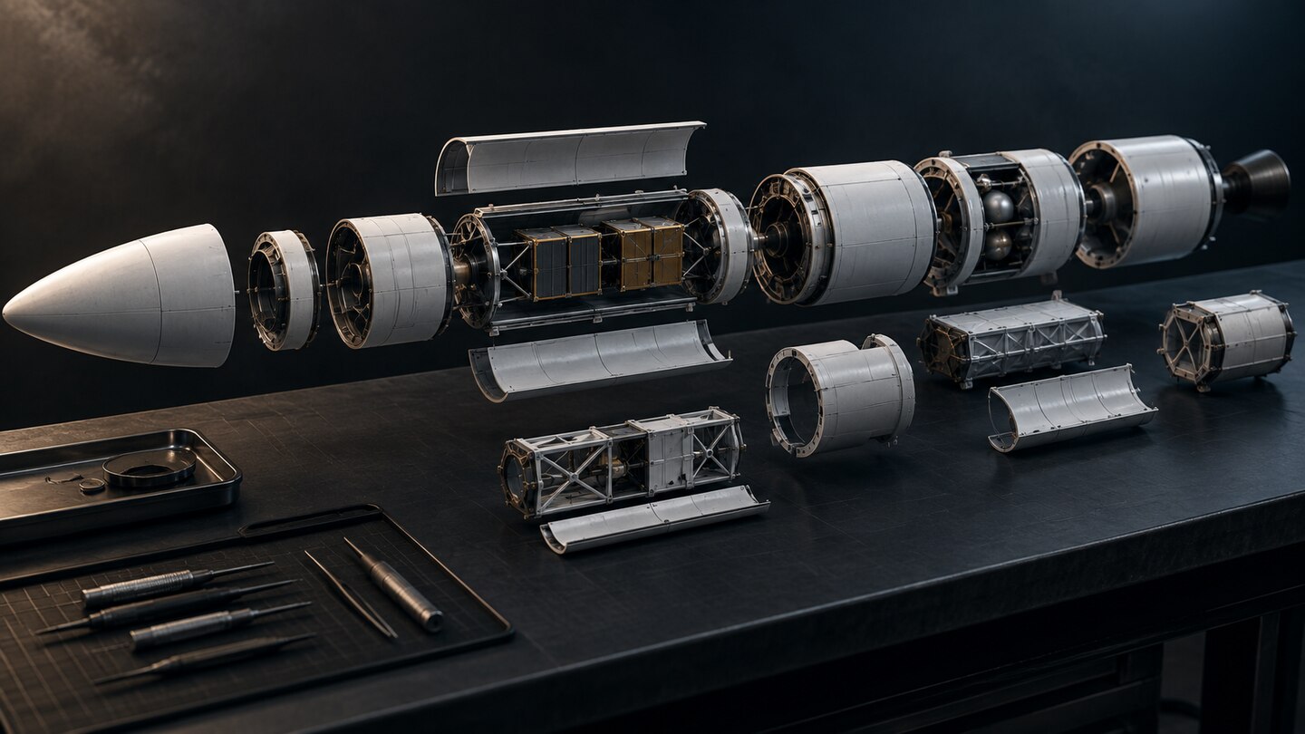 AI-generated illustration. Conceptual modular aerospace airframe in an exploded view; not the AGM-158 FLEX design, a fielded weapon or technical drawing.
