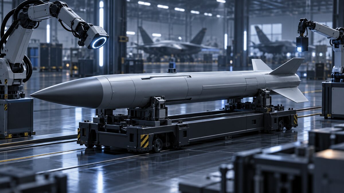 AI-generated illustration. A sealed, generic aerospace airframe component on an automated factory cradle; not an AIM-260 or a construction guide.