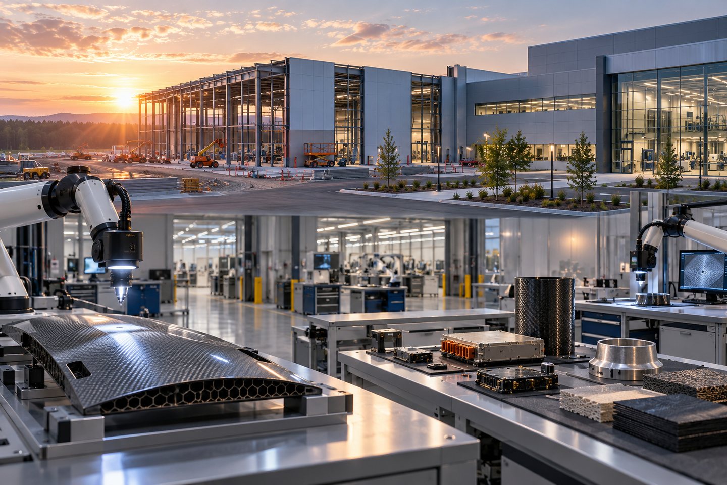 Original conceptual illustration of an expanded aerospace factory inspecting advanced composite and guidance components