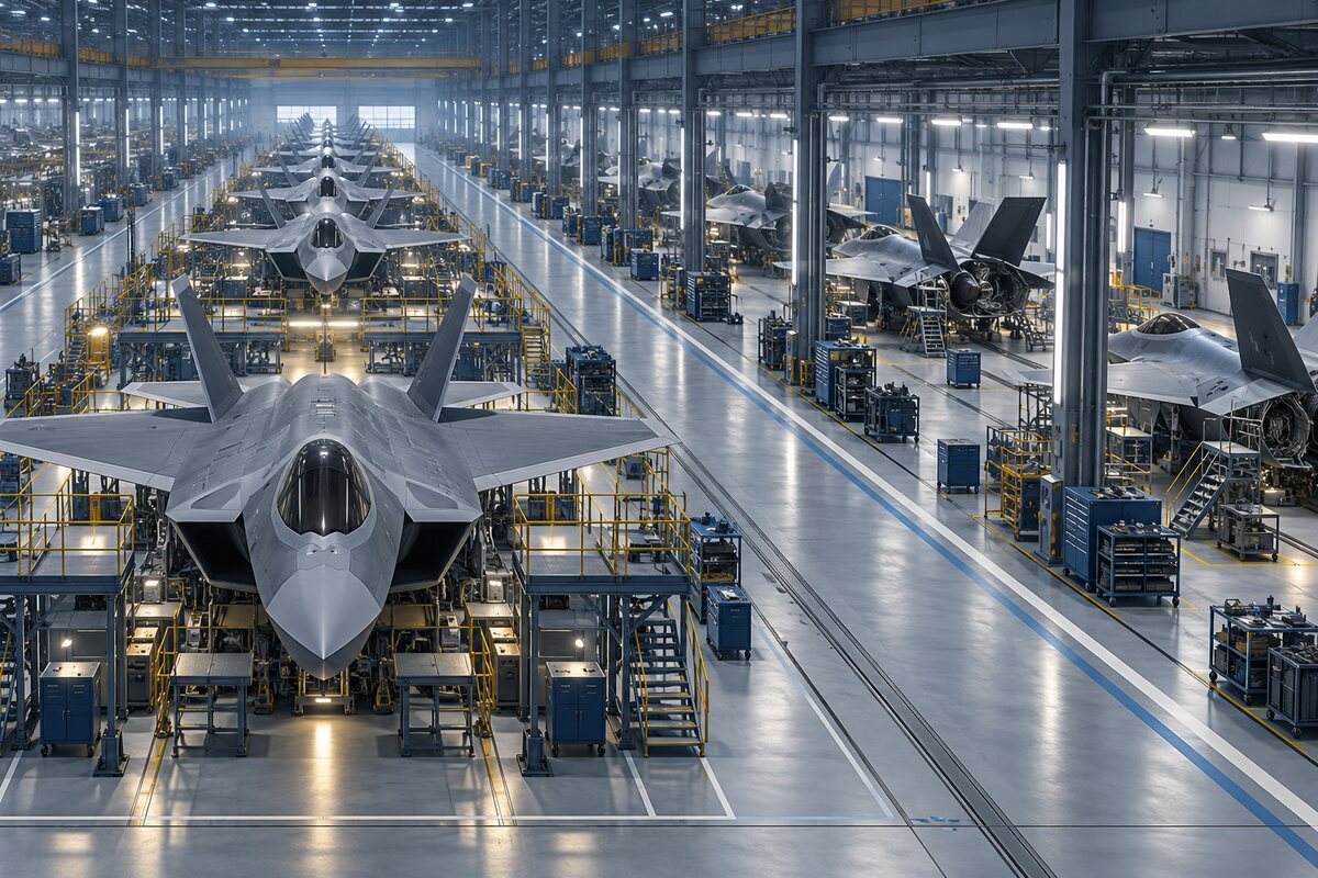 Original conceptual advanced military aircraft production and repair lines
