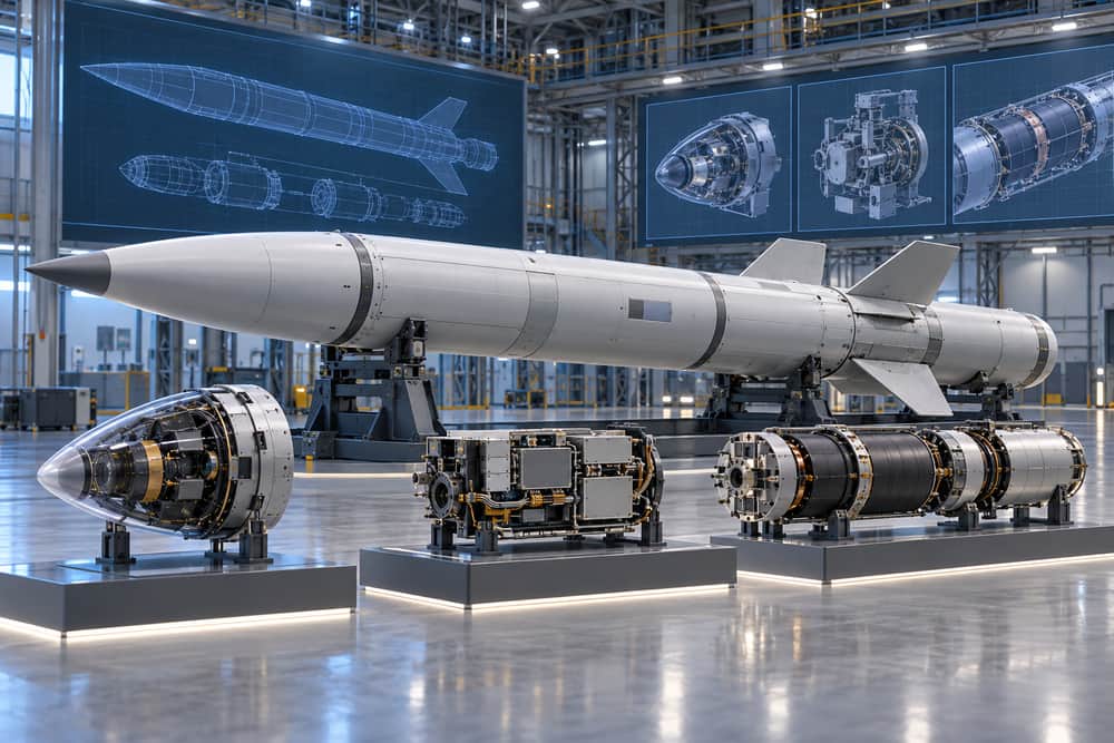 AI-generated illustration of a conceptual missile-defense interceptor and separated engineering modules in an evaluation hall; it is not an official PAC-3 Edge rendering.