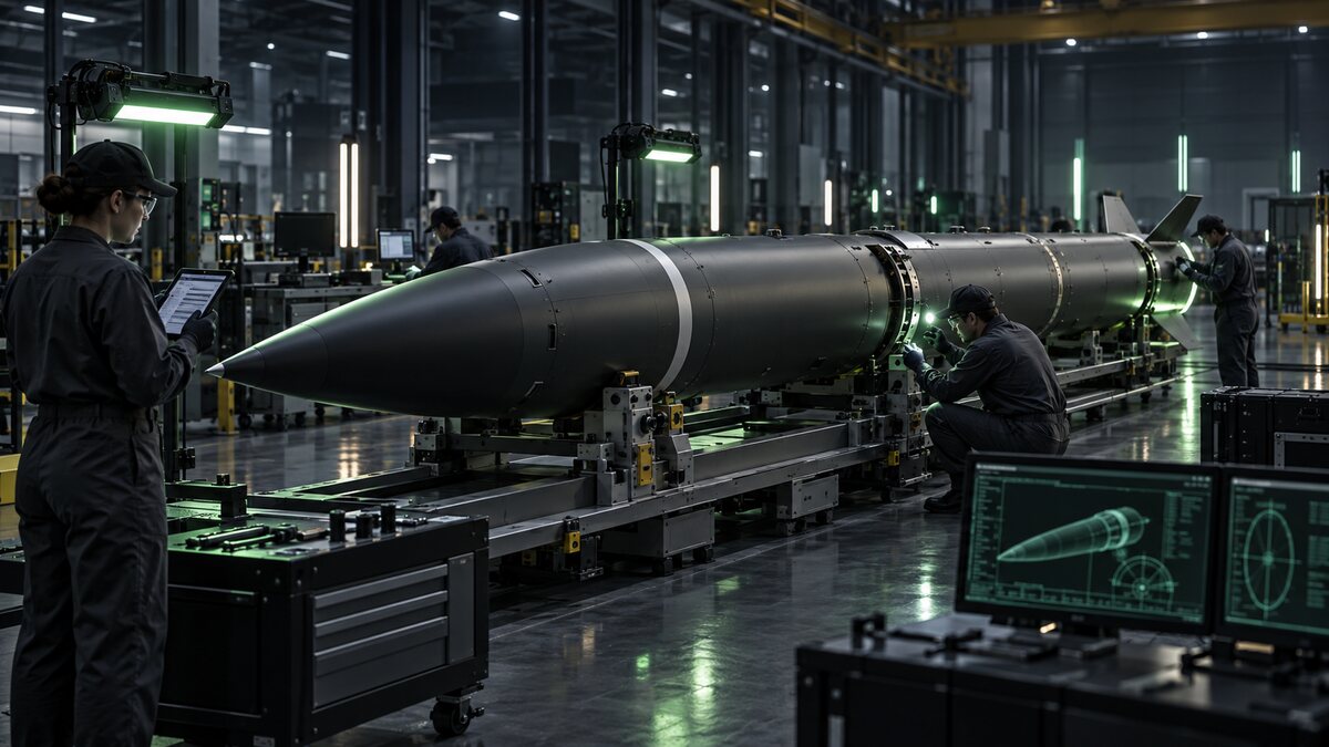 AI-generated illustration. An unmarked generic long cylindrical system undergoes inspection in a manufacturing hall; not a PrSM or real production site.
