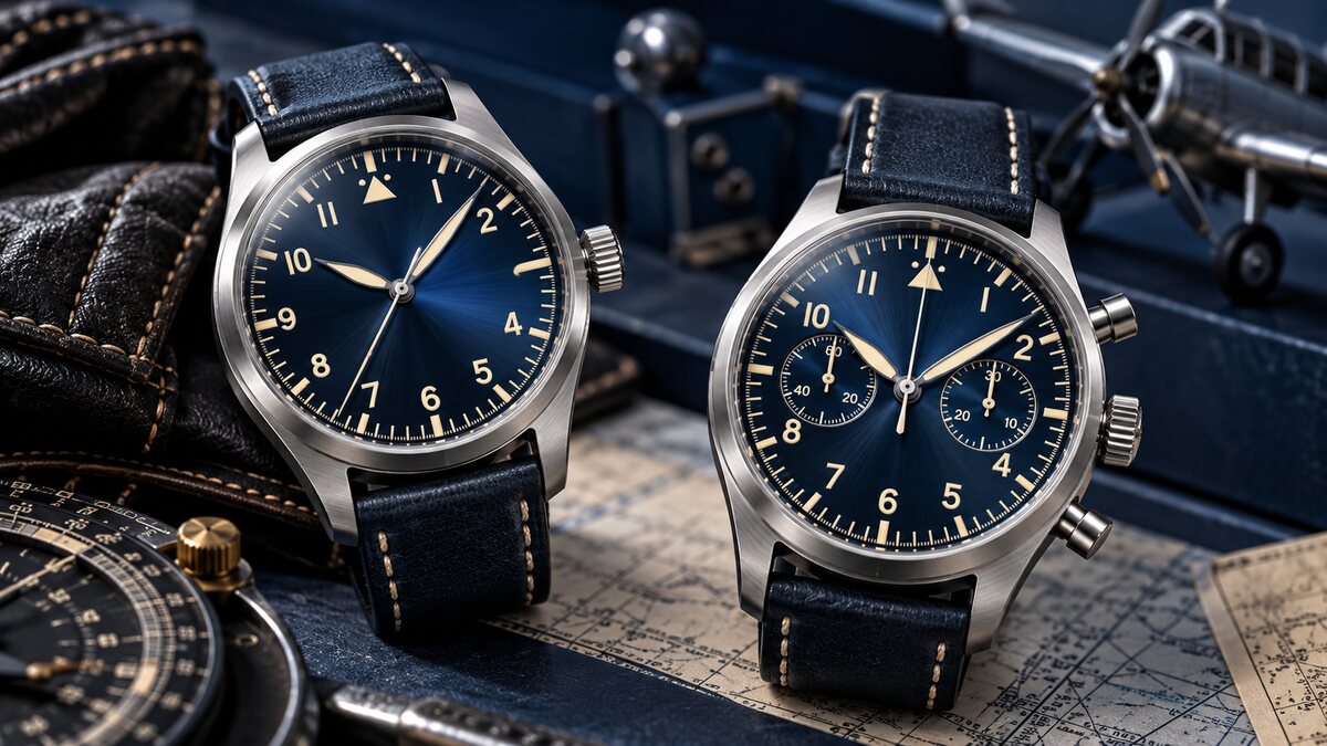 AI-generated illustration of two fictional unbranded blue pilot watches, one three-hand and one chronograph; it is not an official Longines product rendering.