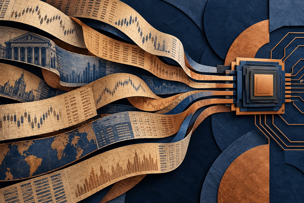 Archival data ribbons flowing into an abstract GPU tile