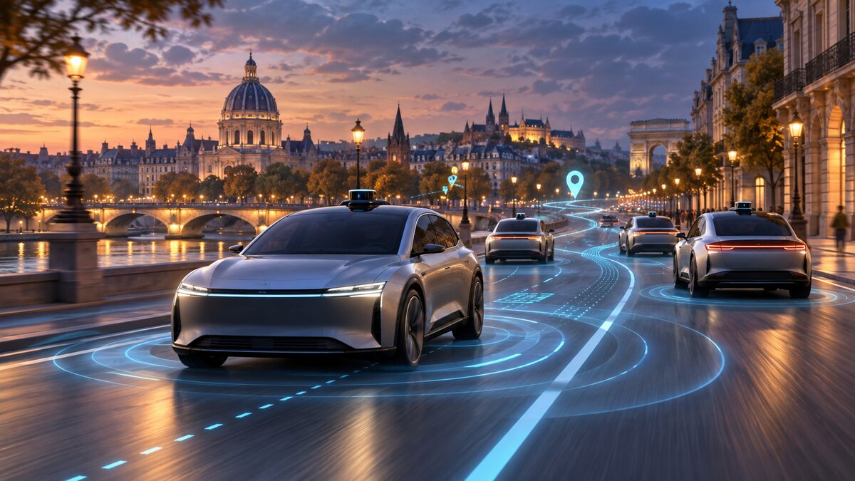AI-generated illustration. Unbranded autonomous electric cars on a stylized European boulevard; not Lucid vehicles or a photograph of a Bolt service.