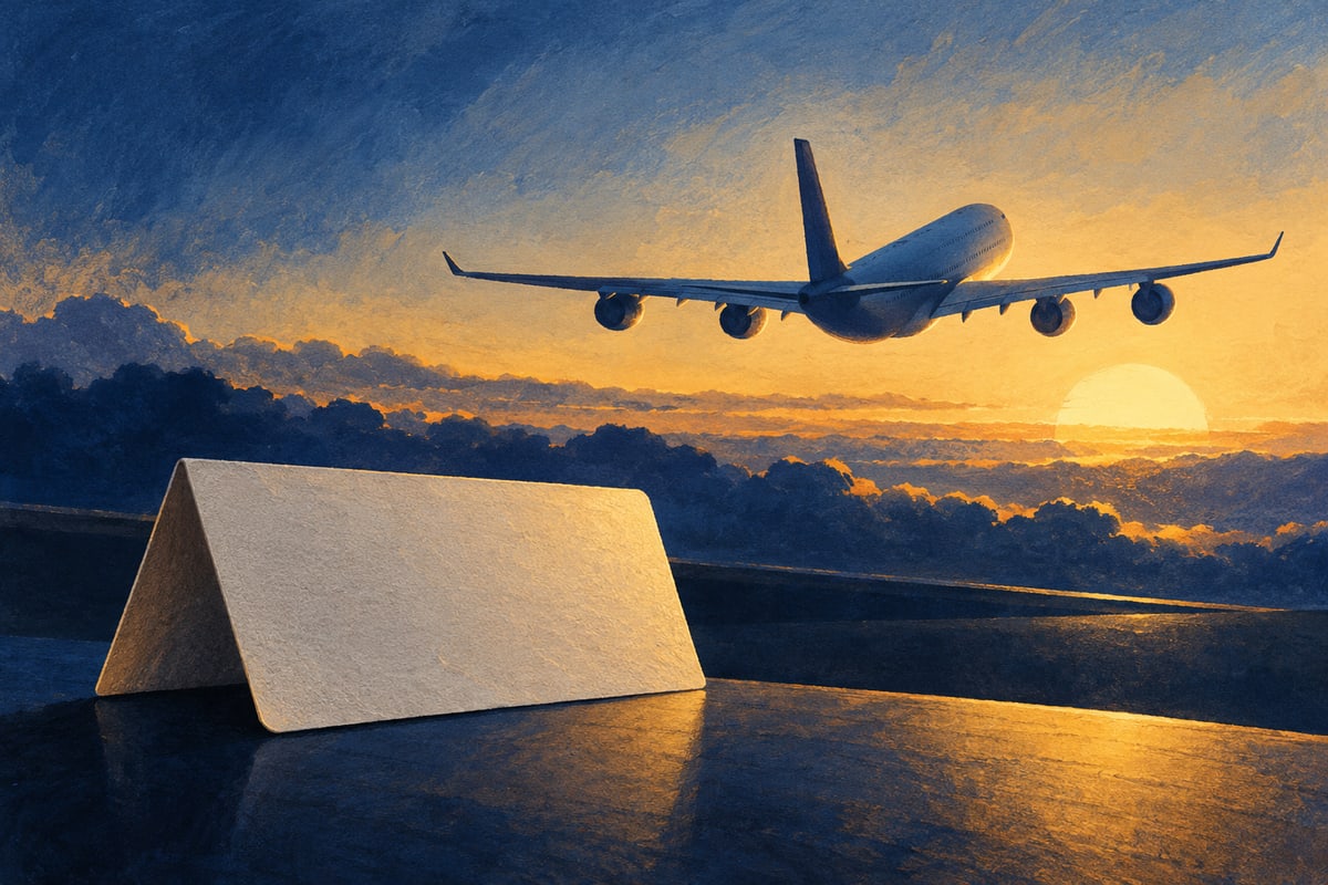 Conceptual long passenger aircraft above a blank departure card