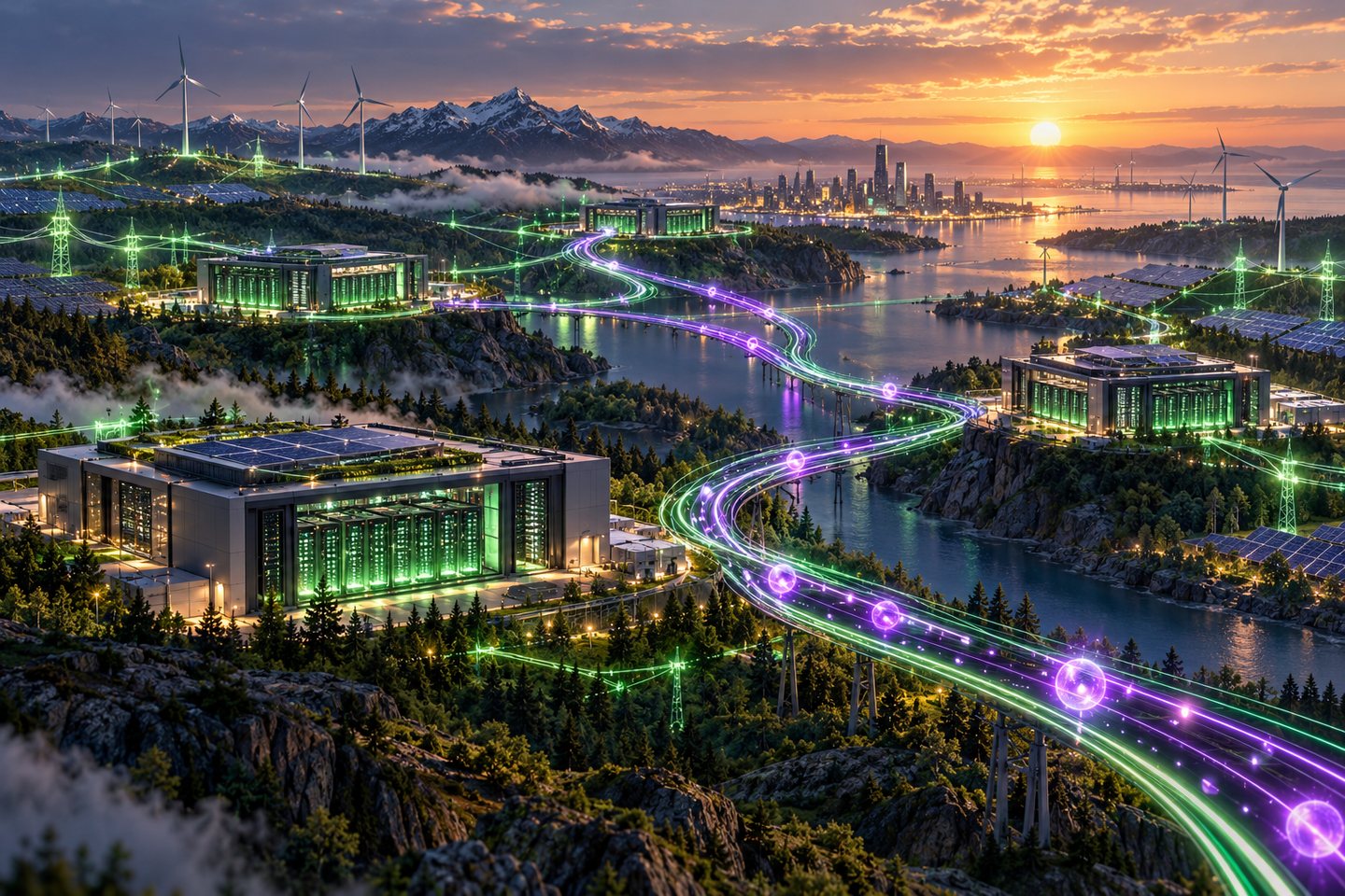 Original conceptual fiber network shifting AI workloads among renewable-powered data centers