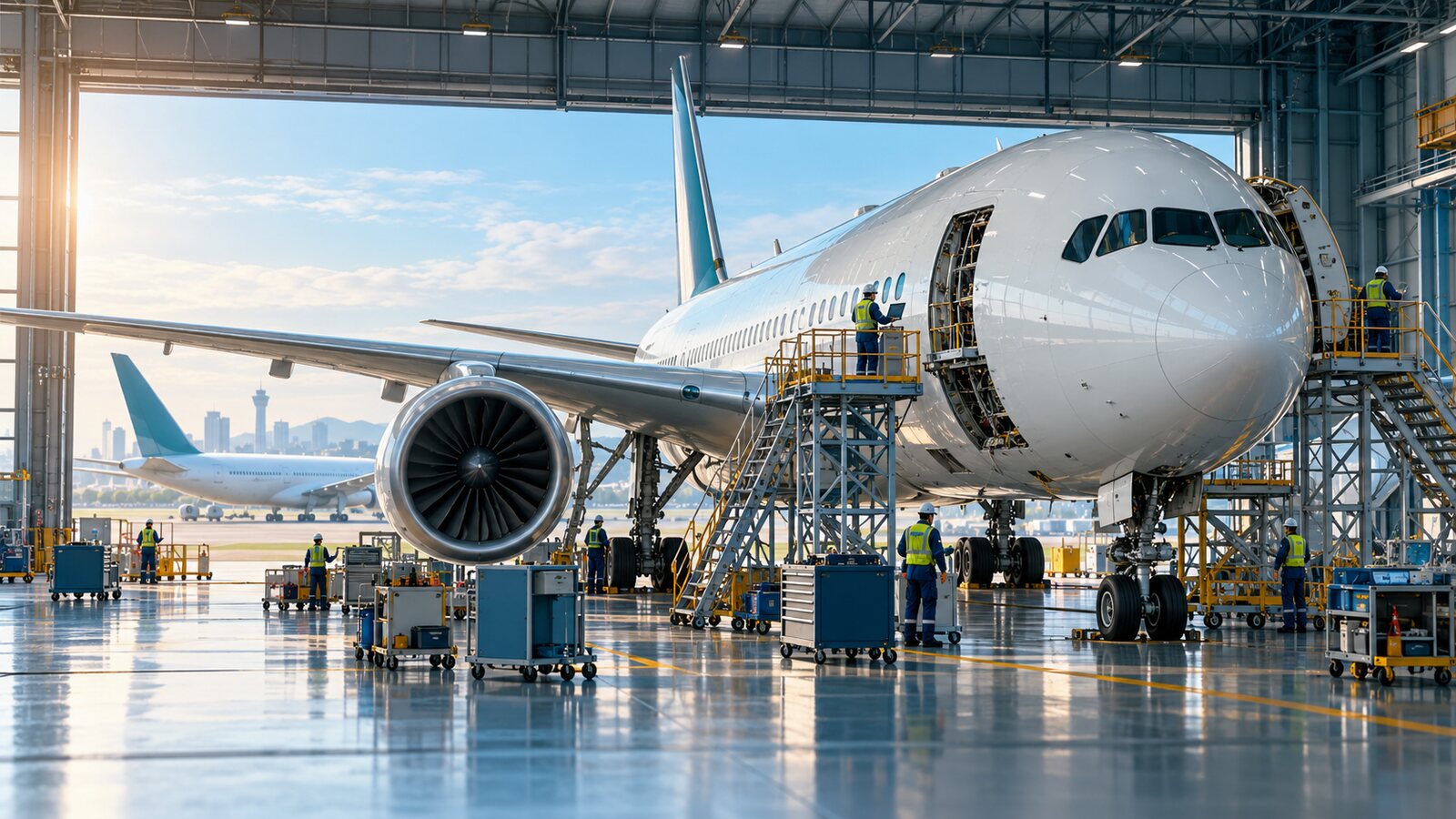 AI-generated illustration of a fictional passenger aircraft undergoing maintenance in a Southeast Asian hangar; it is not a photograph of Sepang Aircraft Engineering.