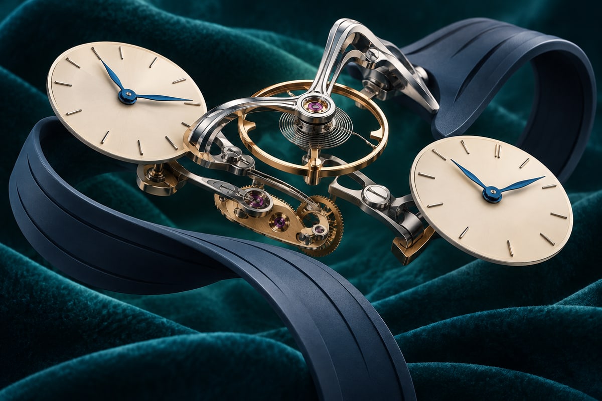 Conceptual mechanical-watch composition with two time discs and a floating balance-wheel sculpture
