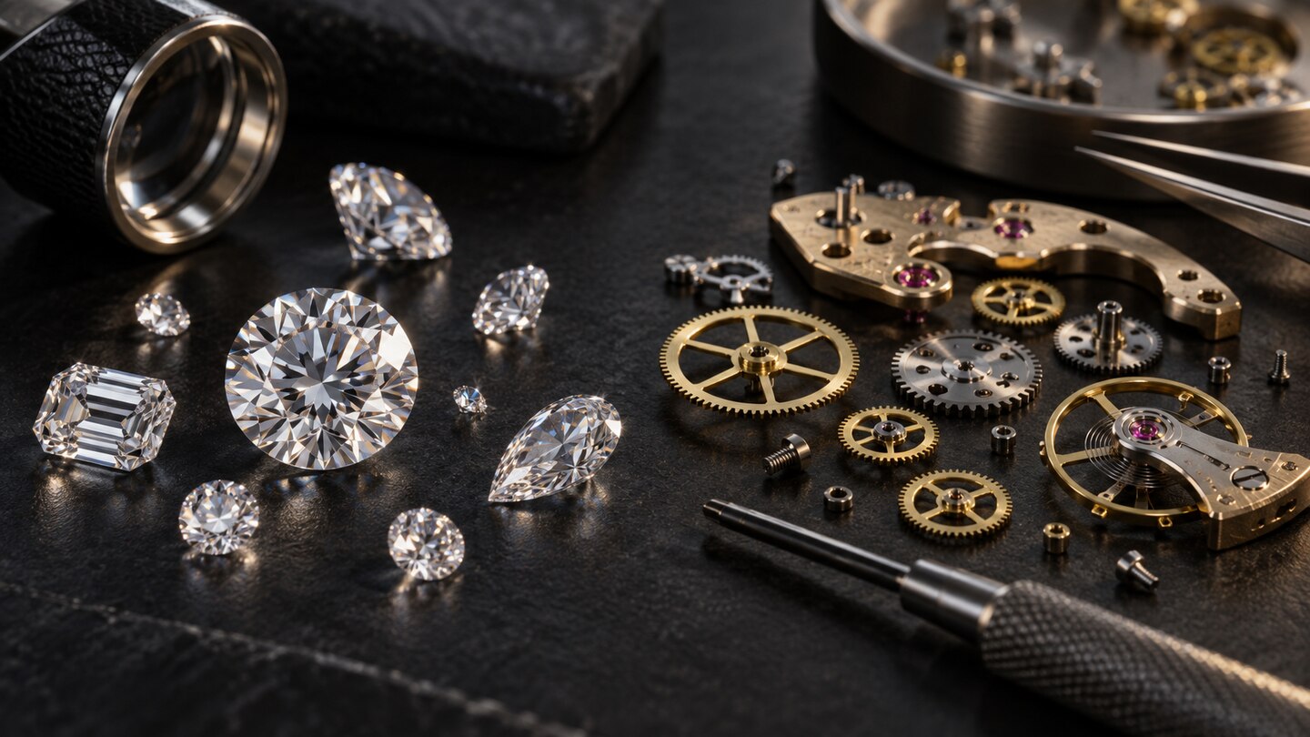 AI-generated illustration. Conceptual loose diamonds and watch components on a jeweller's bench; not the MB&F SP One Pavée or its actual movement.