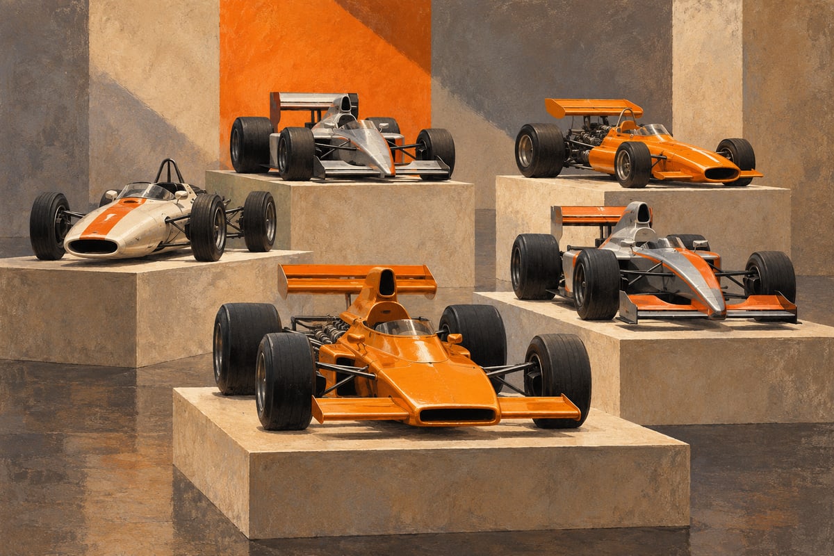 Five abstract open-wheel racing sculptures on display plinths