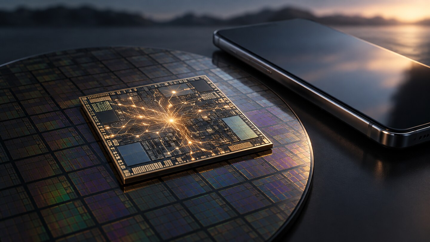 AI-generated illustration. Conceptual semiconductor die, wafer and unbranded phone slab; not the Dimensity 9600 Pro or a product photograph.