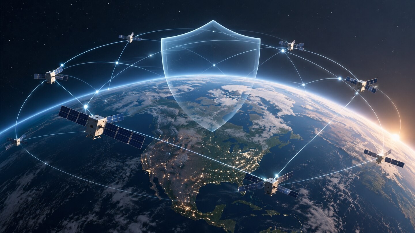 AI-generated illustration. Conceptual secured orbital network with an abstract shield; not an image of a weapon or a disclosed system.