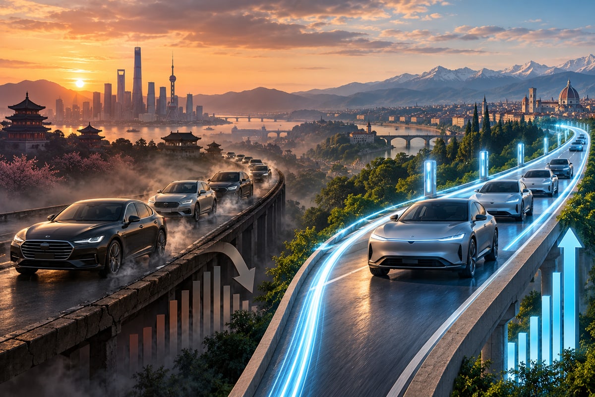 AI-generated illustration of fictional premium cars on diverging conventional and electric sales lanes; it is not a photograph of Mercedes-Benz vehicles or sales activity.