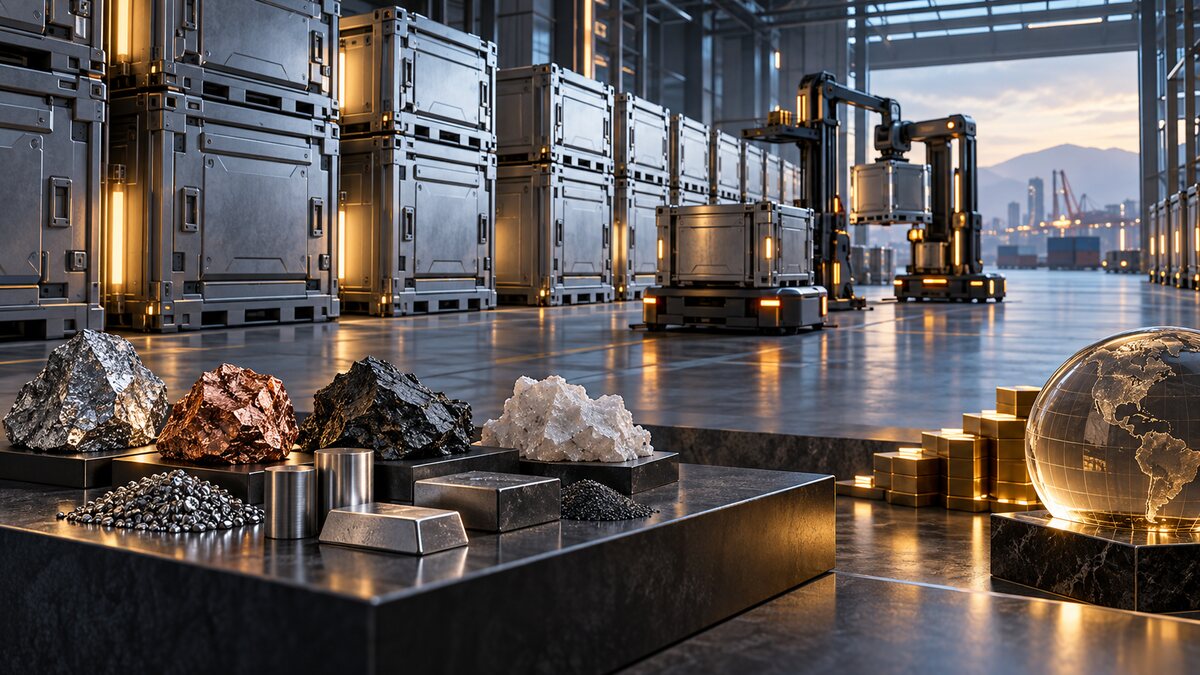 AI-generated illustration. Mineral samples and sealed storage modules appear in a fictional automated warehouse; it is not a Project Vault facility.