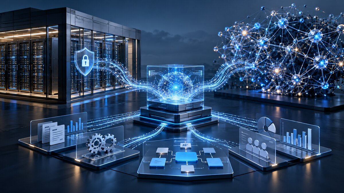 AI-generated illustration of a secure enterprise AI platform connecting data infrastructure, workflow panels and a neural network; it is not a photograph of Meta or MongoDB.