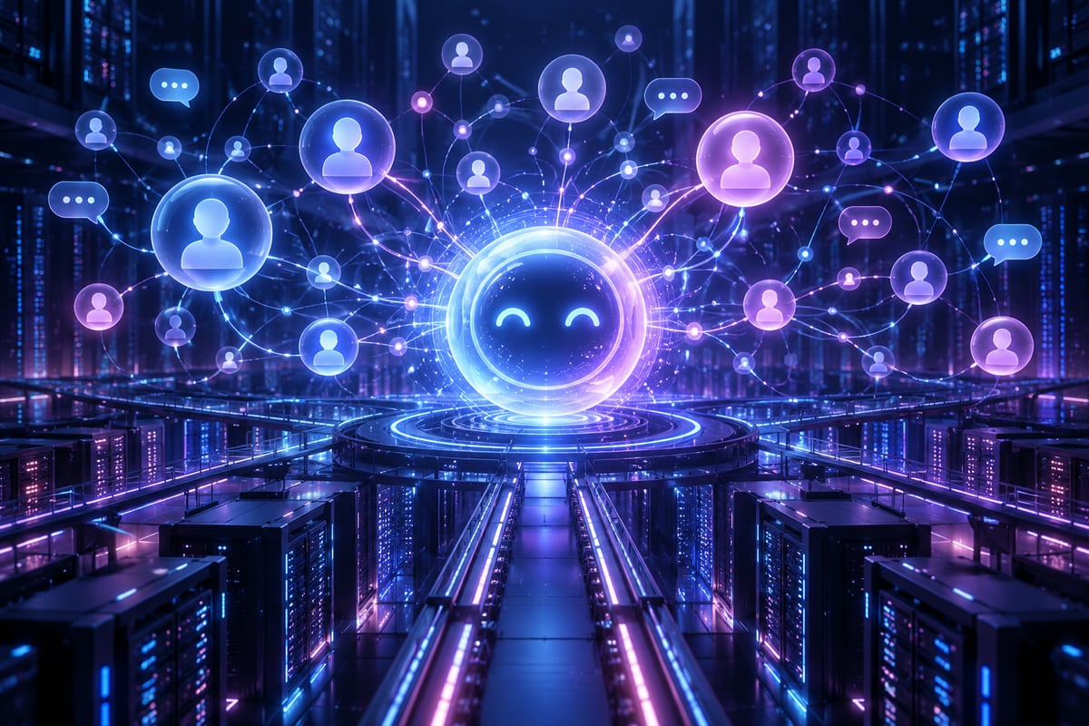 Original conceptual AI-agent network above abstract data-center infrastructure
