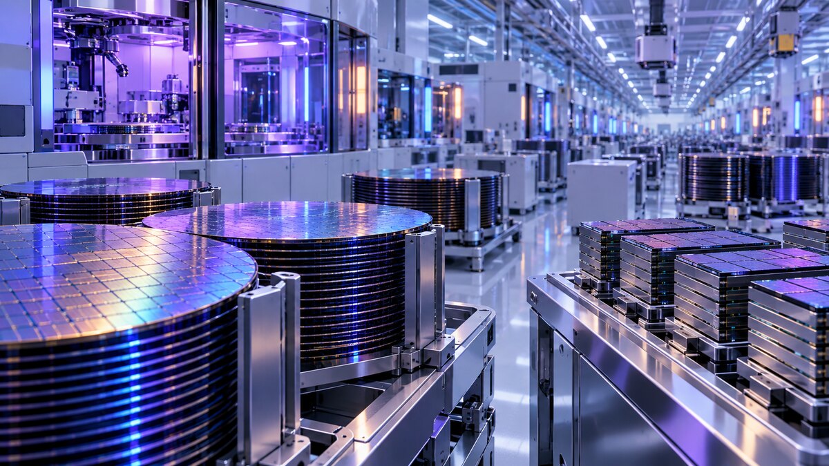 AI-generated illustration of memory-chip wafers and modules in a semiconductor fabrication plant; it is not a photograph of Micron facilities.