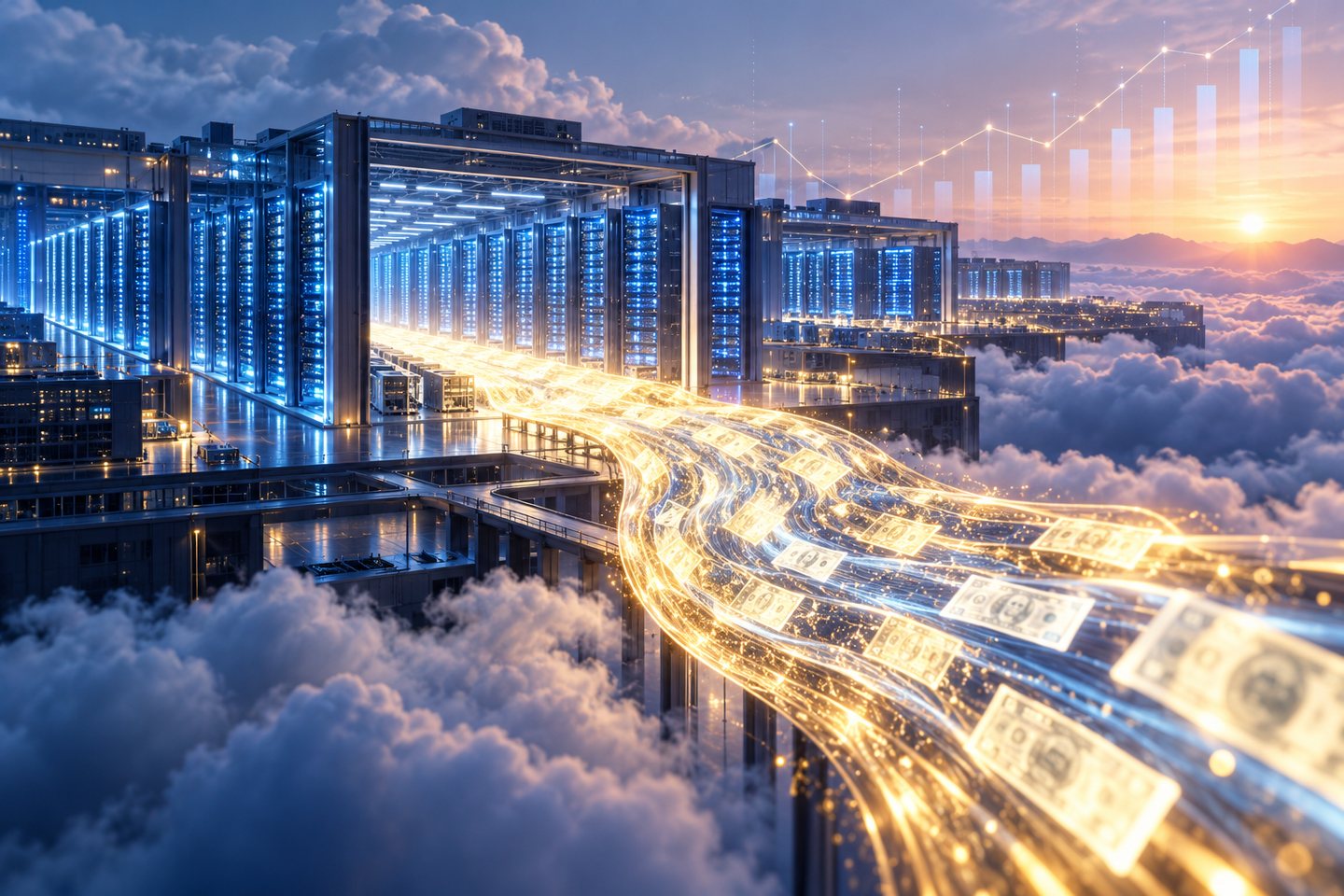 Original conceptual illustration of cash-like light flowing from a large cloud data center