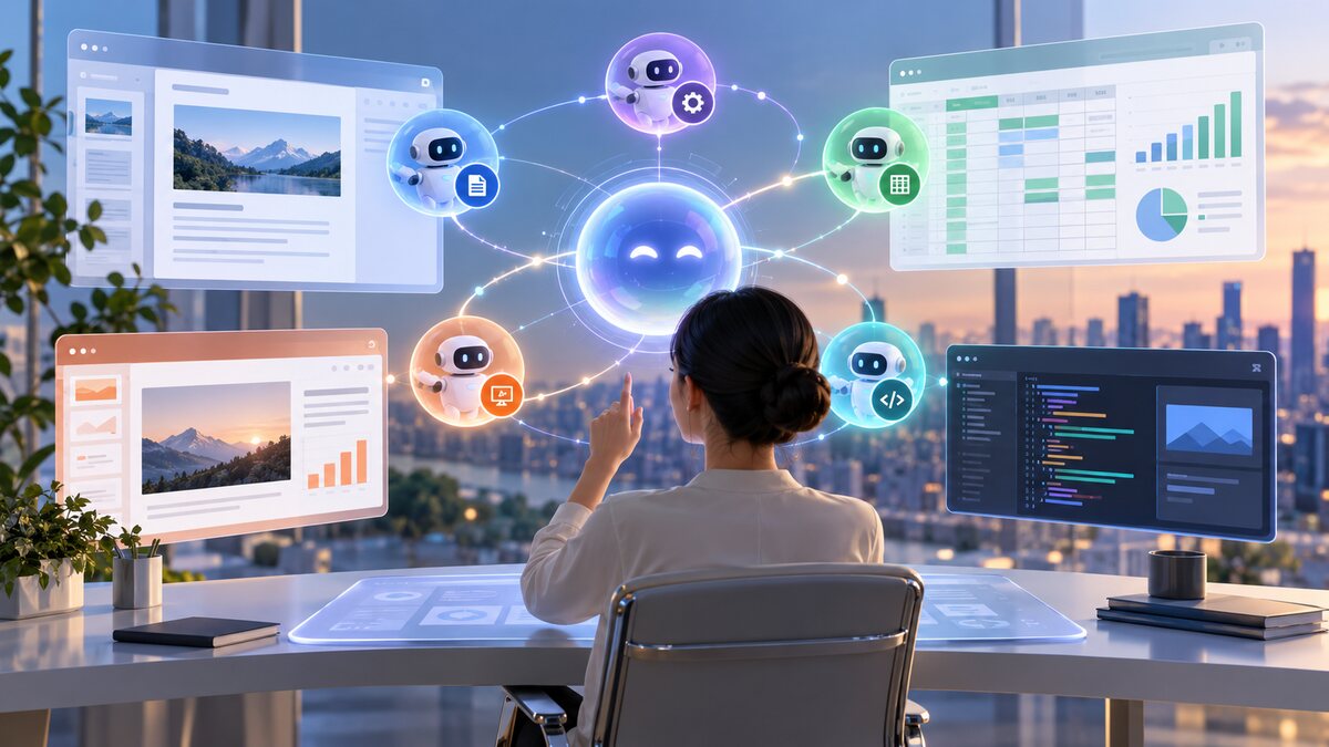 AI-generated illustration of a generic enterprise AI workspace linking documents, charts and code panels; it is not Microsoft’s official interface.