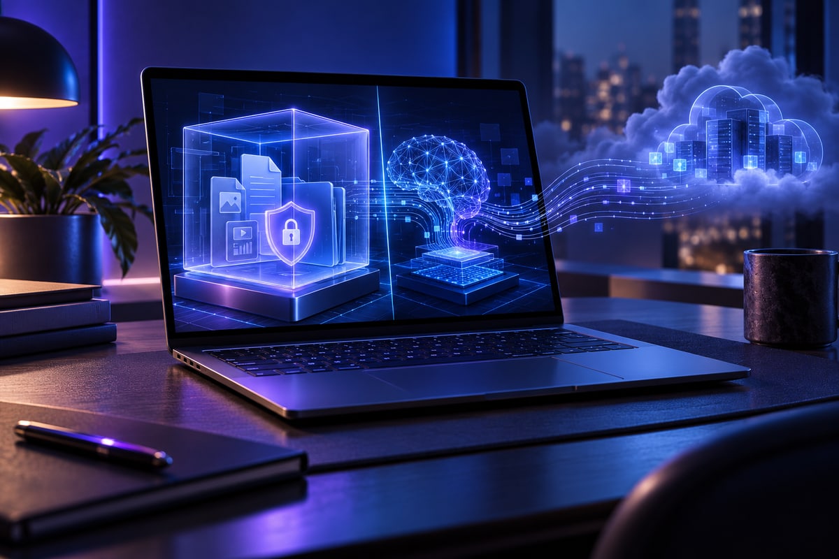 AI-generated illustration of a laptop running a local neural network inside a protected data container with a cloud link; it is not a photograph of a Microsoft product.
