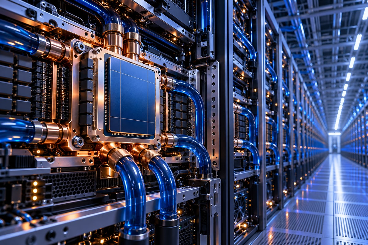Conceptual blue-and-copper AI accelerator inside a liquid-cooled data-centre rack