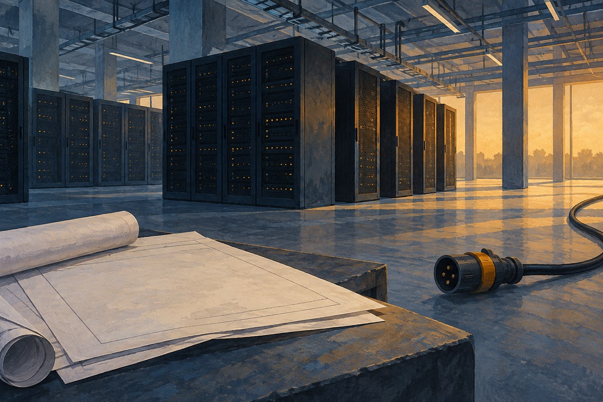Illustrated server hall model beside a disconnected cable and blank planning papers