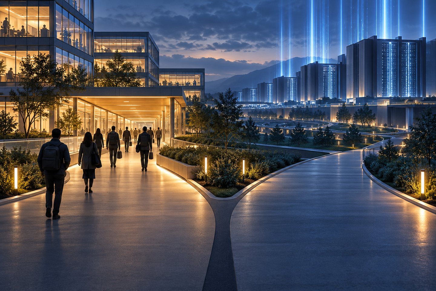 Original conceptual illustration of workers leaving a technology campus as data-center capacity expands