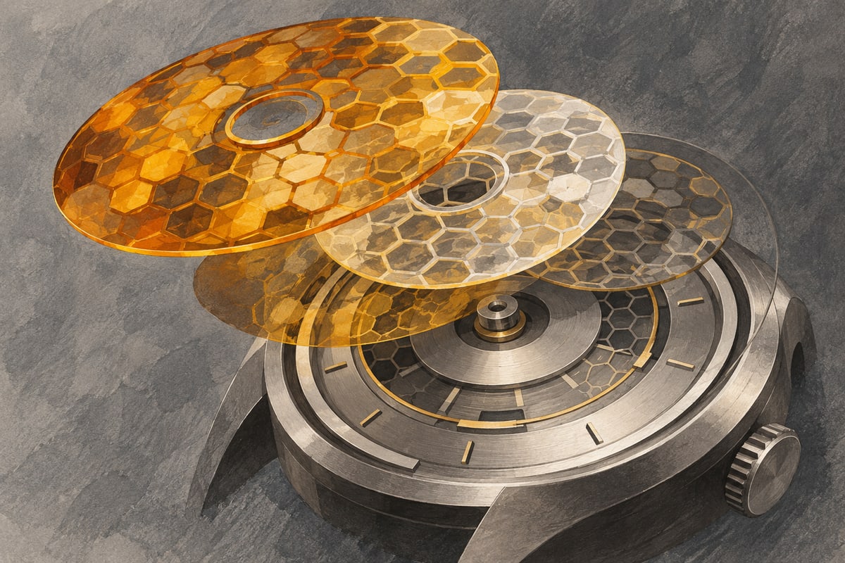Layered amber and pearl honeycomb discs floating above an abstract watch dial