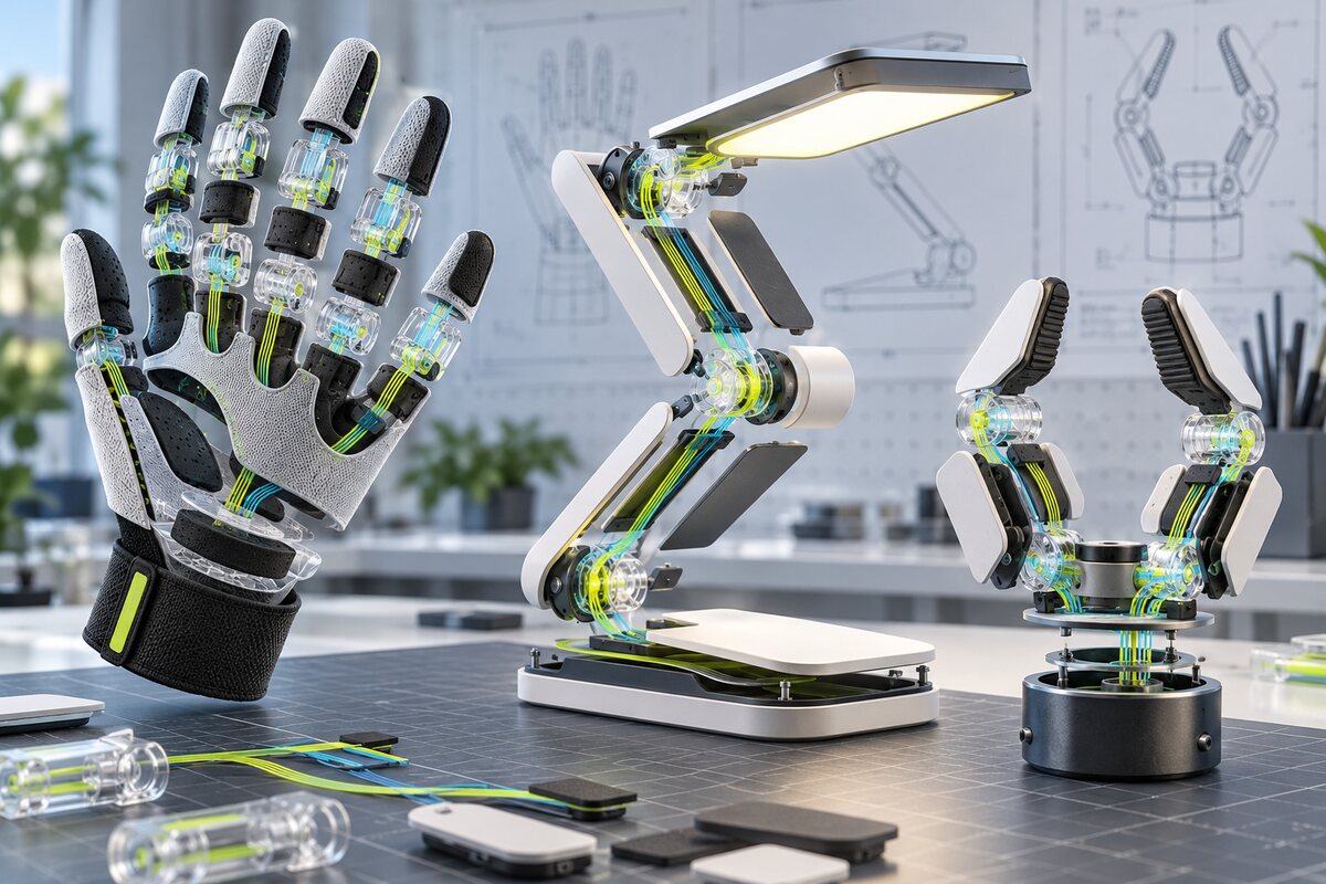 Original conceptual self-sensing glove, lamp and robotic gripper with embedded hinge traces