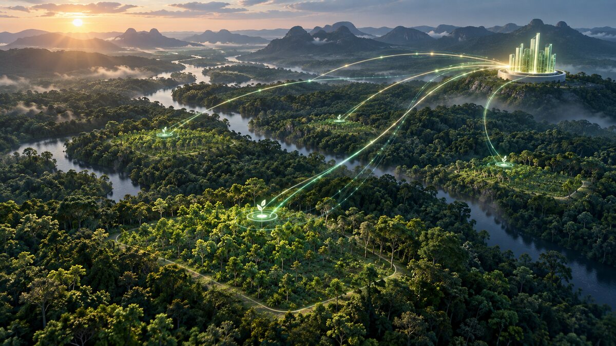 AI-generated illustration. Restored rainforest plots connect to an abstract capital node; not a Mombak project, Salesforce site or real aerial photograph.