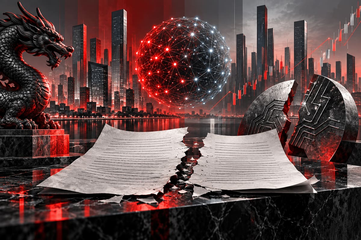 Conceptual illustration of an AI company, disputed contracts and an approaching stock-market listing