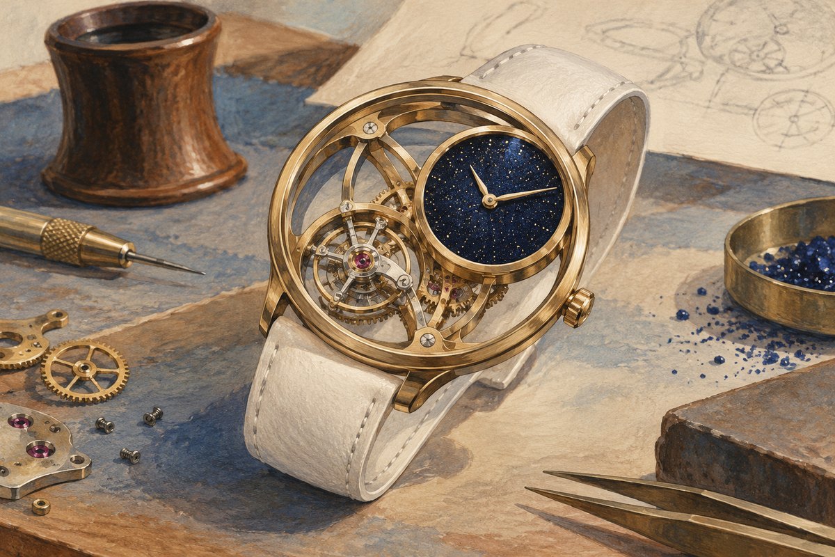 Imaginative openworked watch sculpture with a blue star-speckled subdial and white strap