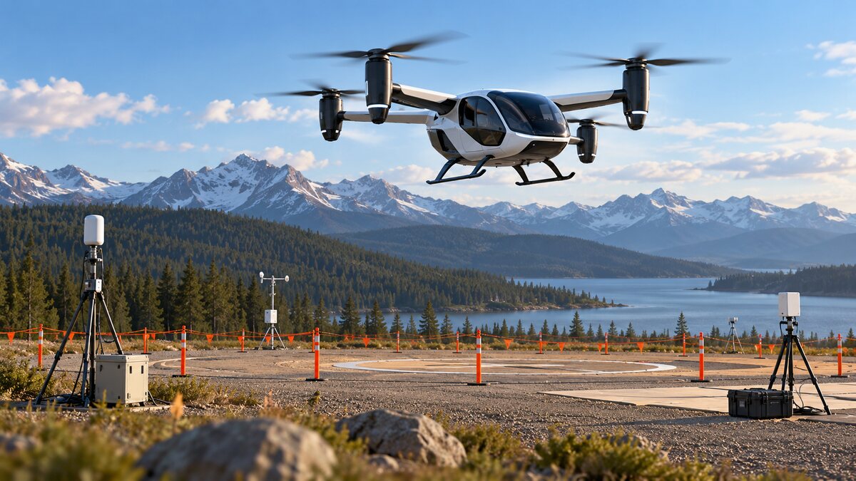 AI-generated illustration of a fictional eVTOL prototype above a controlled test field; it is not MOSTAVIO’s MX1 or an actual flight test.