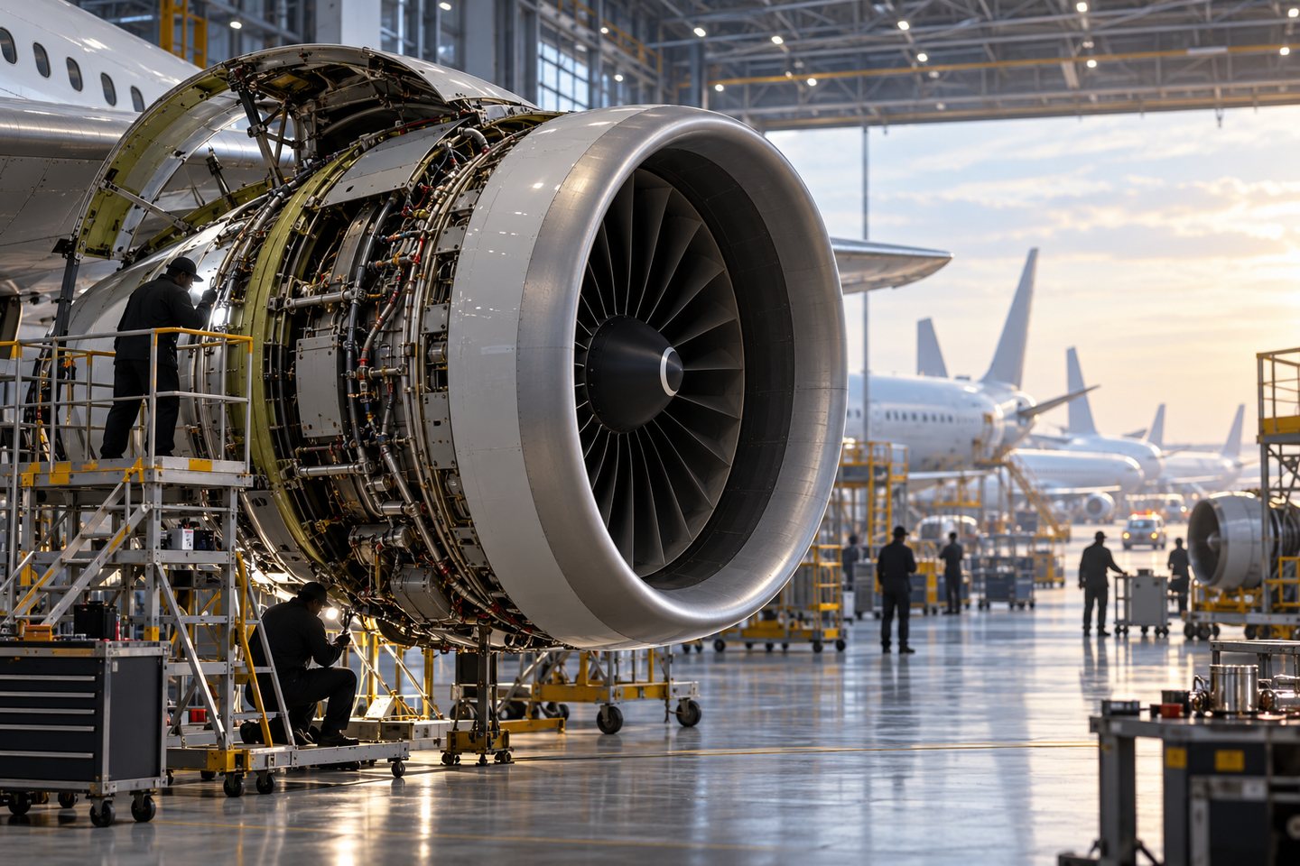 Original conceptual turbofan engine undergoing inspection in a modern civil aviation maintenance hangar