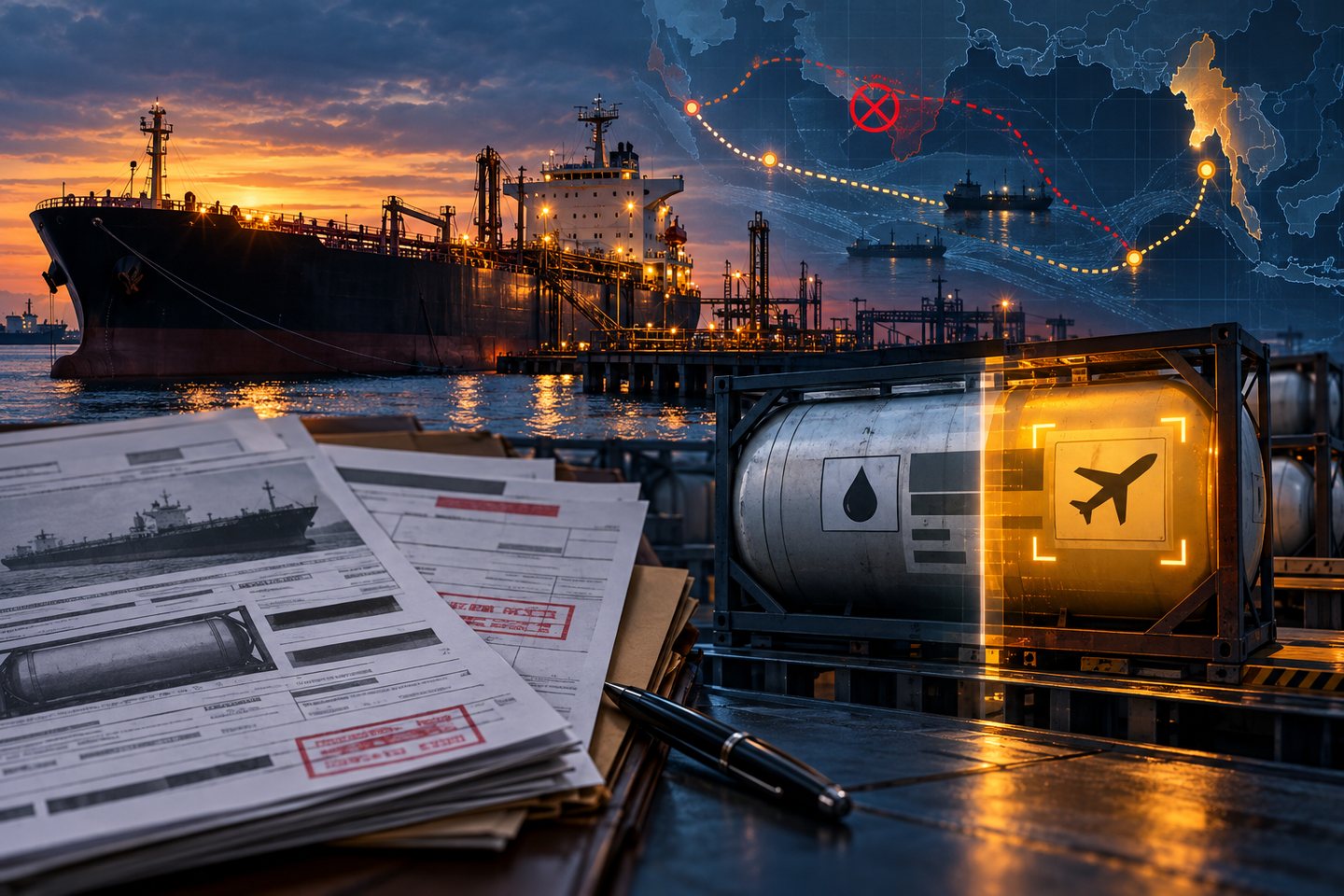 Original conceptual illustration of a tanker, shipping documents and a customs scan revealing aviation fuel in a mislabeled cargo