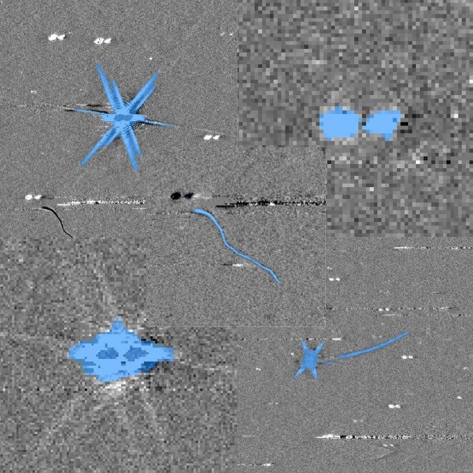Examples of artifacts in Euclid telescope data, with blue overlays identifying pixels flagged by an AI model