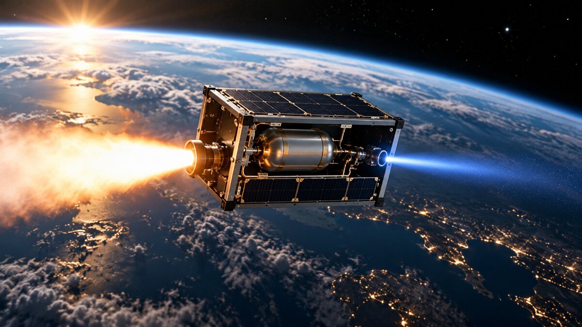 AI-generated illustration of a small CubeSat using two propulsion modes above Earth; it is not NASA mission photography or an official rendering.