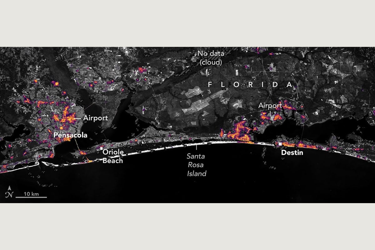 NASA processed satellite image of nighttime lights along the Florida Panhandle on October 11, 2026