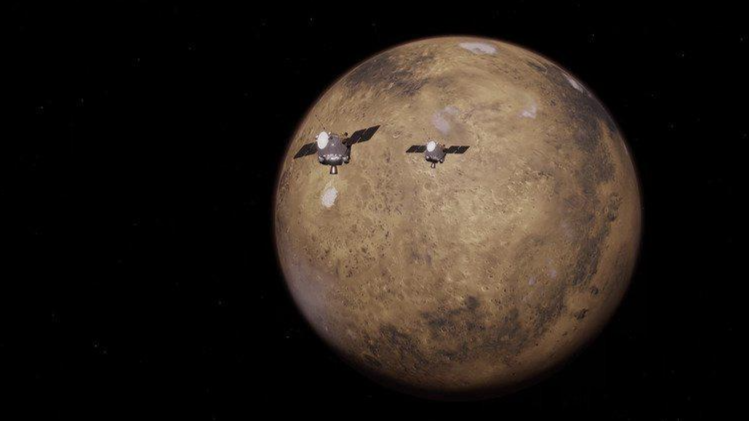 Illustration released in 2024 of the twin ESCAPADE spacecraft entering Mars orbit; editorial illustration used by source, not the new network