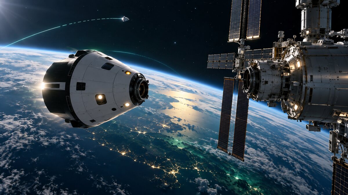 AI-generated illustration. A generic crew capsule approaching an orbital station above Earth; not Starliner, a NASA mission or a photograph of a flight.