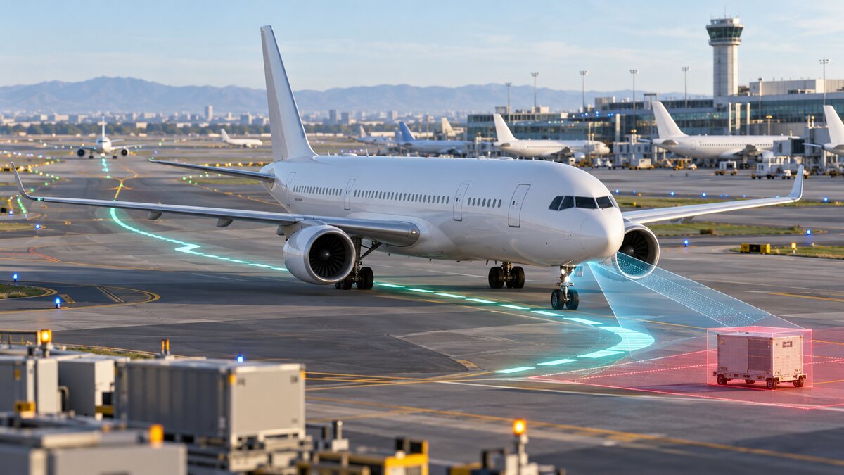 AI-generated illustration. A fictional unbranded passenger jet follows luminous taxi guidance at an airport; it is not a NASA or Boeing test photograph.
