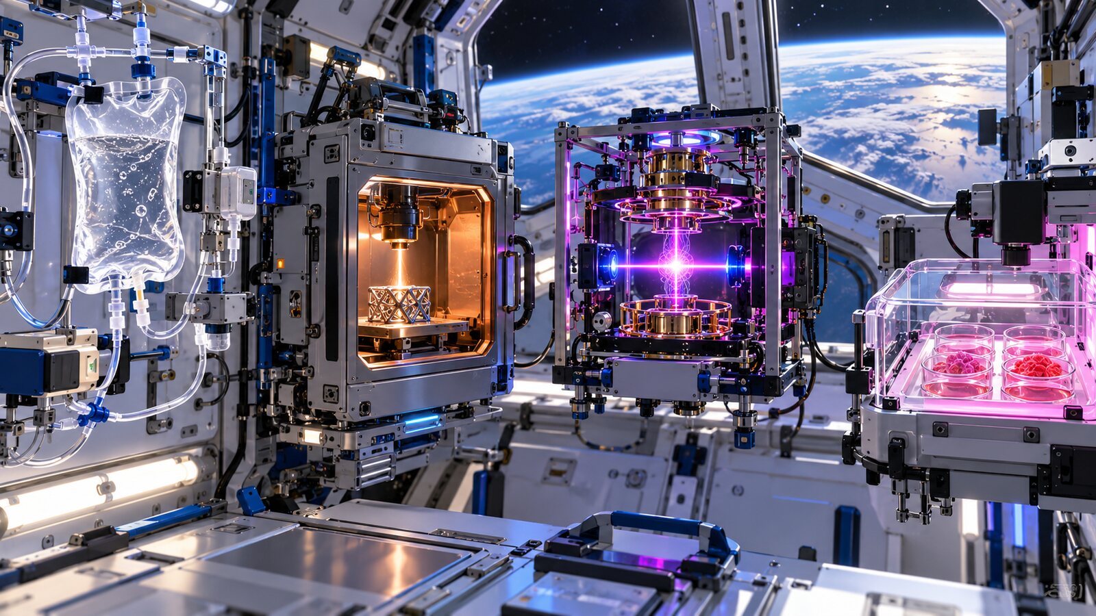 AI-generated illustration of a fictional orbital laboratory with IV-fluid, metal-printing, quantum and cell-culture experiments; it is not a photograph or official Crew-12 rendering.