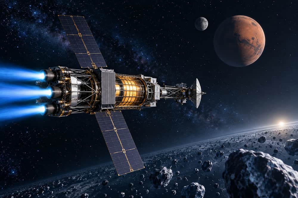 AI-generated illustration of a conceptual research spacecraft powered by a shielded fission module and electric propulsion; it is not a photograph or official NASA mission rendering.