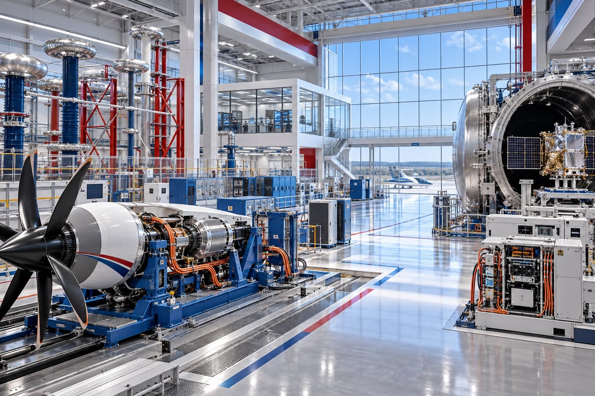 AI-generated illustration of a future aerospace power laboratory with aircraft and spacecraft test hardware; it is not a photograph of NASA Glenn.