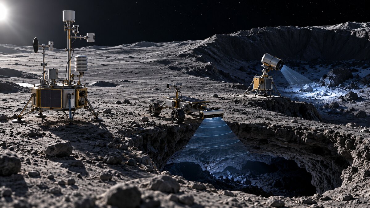 AI-generated illustration of fictional scientific instruments monitoring hazards, a lava-tube pit and lunar frost; it is not an official NASA rendering.
