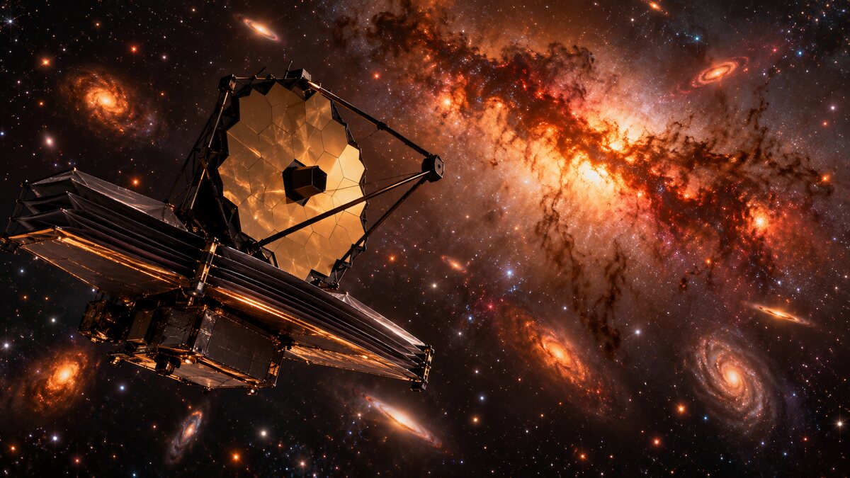 AI-generated illustration. A fictional far-infrared telescope observes dusty galaxies; it is not NASA's official PRIMA spacecraft design.